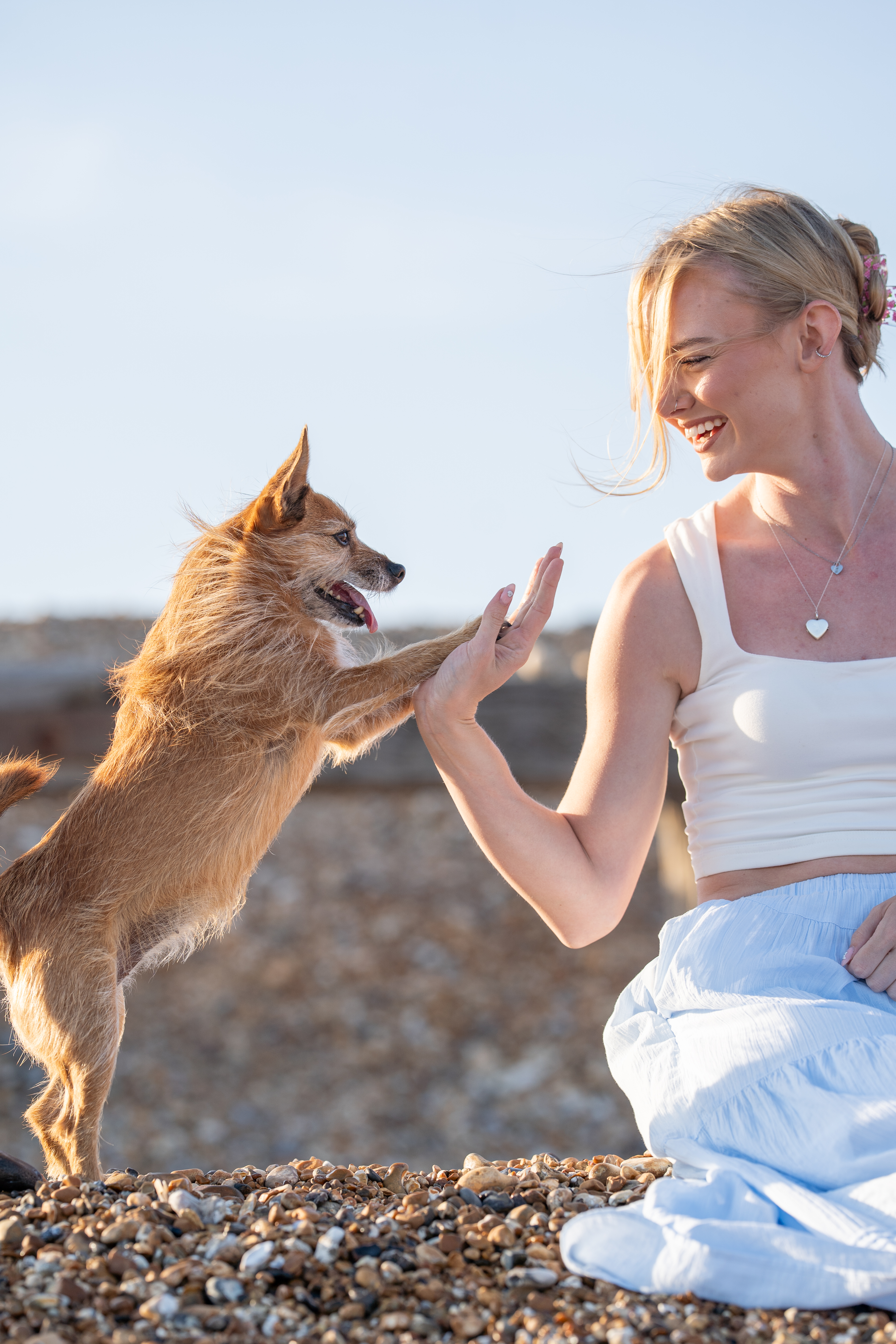 dog and owner interacting on beach, dog photography sussex